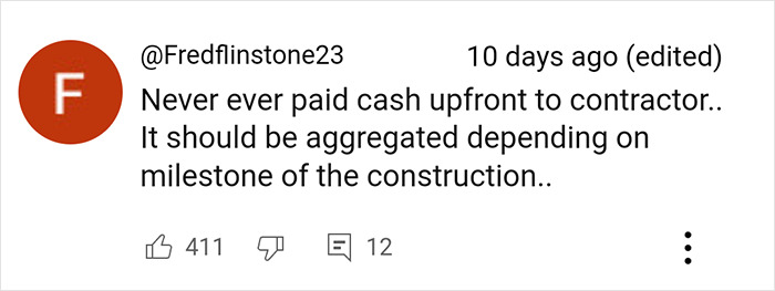 Comment advising against upfront payments for tiny home construction.