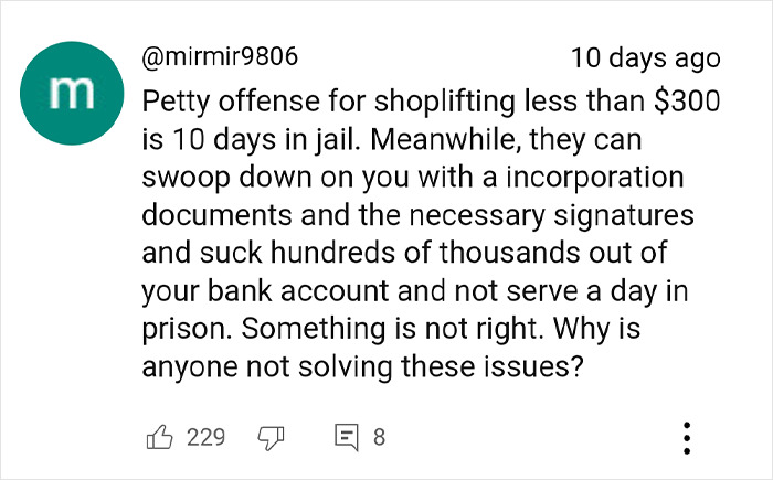 Comment discussing fraud in California, comparing shoplifting sentences and financial fraud consequences.