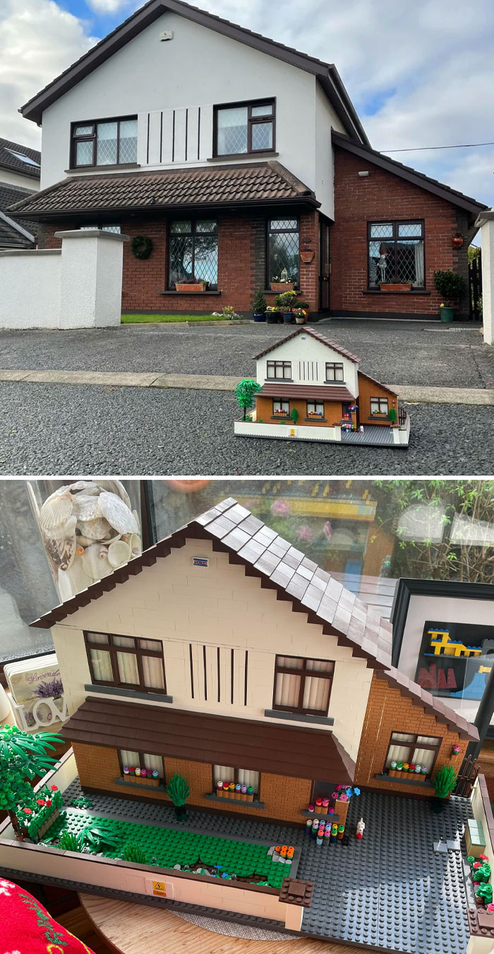 LEGO model of a house in front of the real version, showcasing cool LEGO builds and creative architecture.