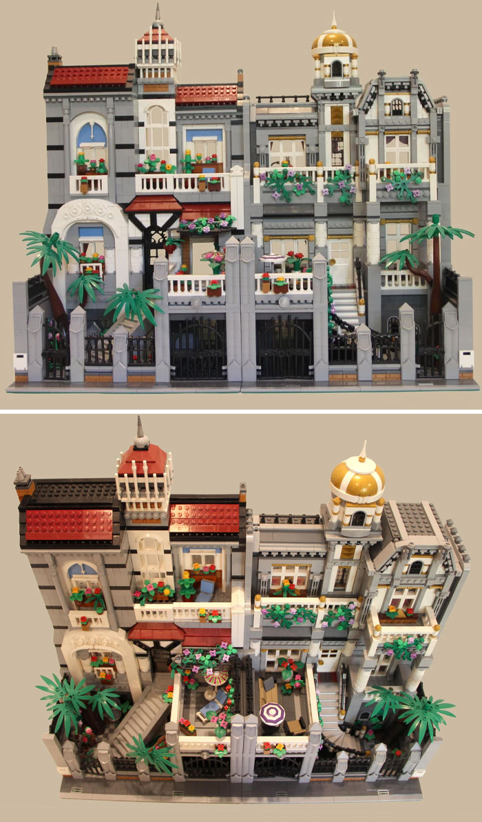 Intricate cool LEGO builds of a large, detailed mansion with greenery and architectural embellishments.