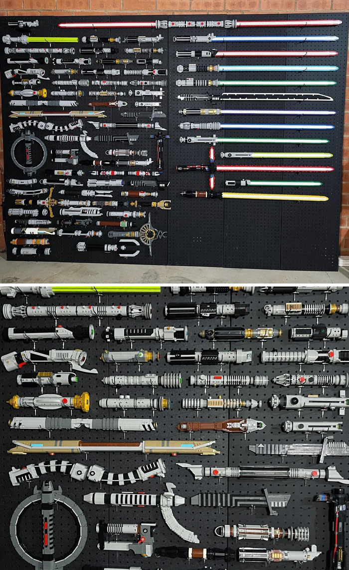 Wall display of cool LEGO builds featuring various lightsaber designs.