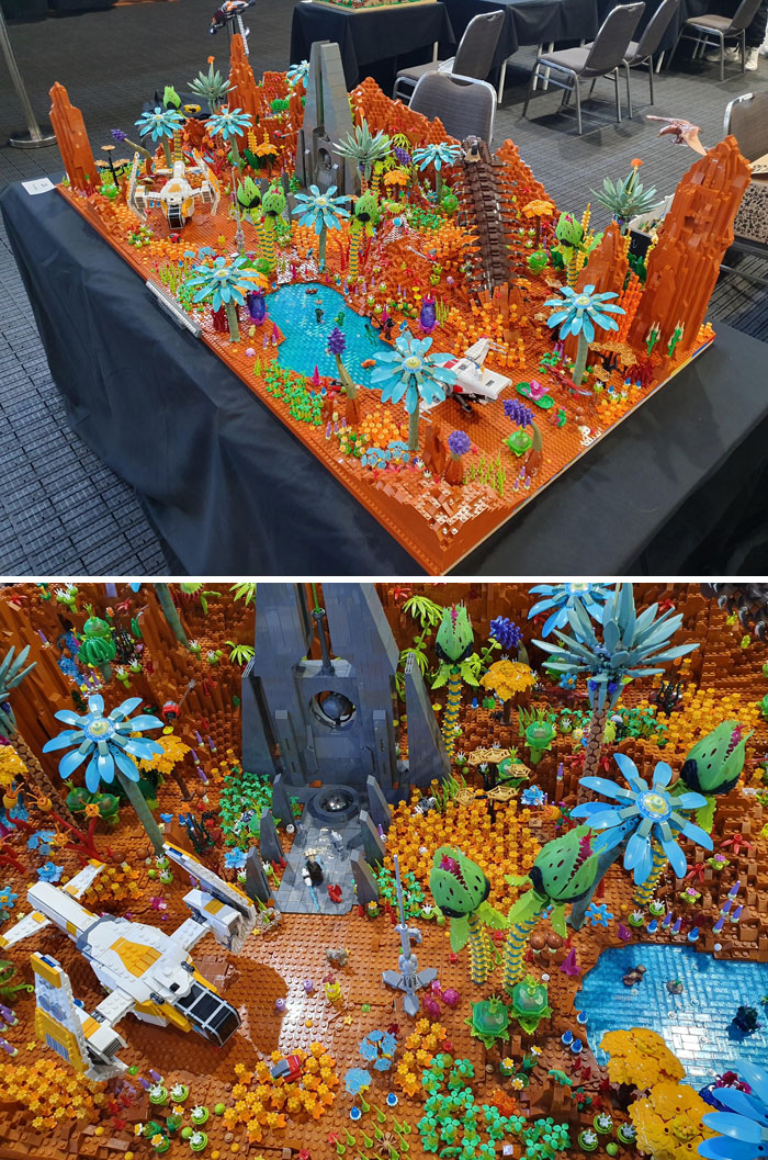 Colorful LEGO diorama with spaceship, landscape, and detailed flora. Cool LEGO Builds display at an exhibition.