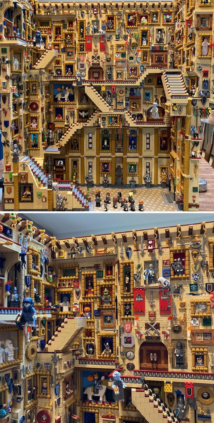 Intricate LEGO build featuring detailed medieval castle interior with figures and staircases.