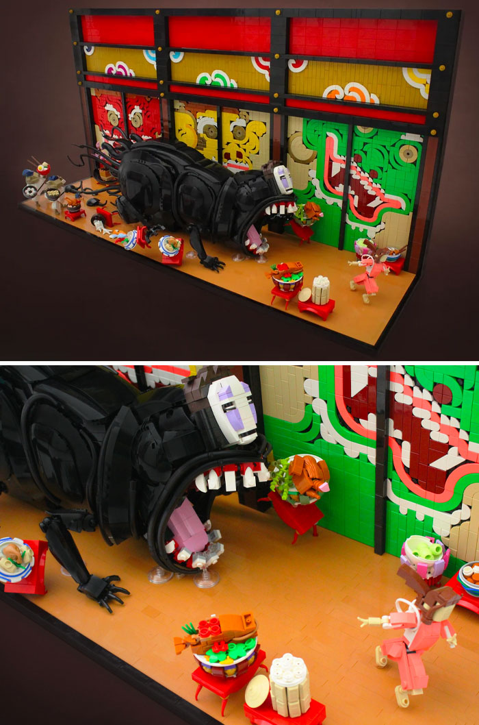 Cool LEGO build of a whimsical scene with colorful background and a large black creature interacting with LEGO characters.