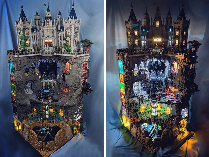 Intricate LEGO castle build with illuminated interior, showcasing Cool-LEGO-Builds creativity in both day and night settings.