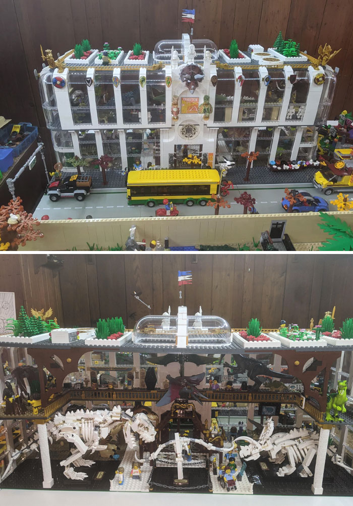 Impressive LEGO build of a museum with dinosaur skeletons and detailed city scenes.