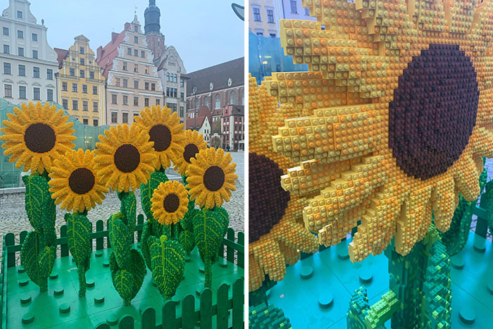 Sunflower garden made from LEGO blocks displayed in an urban setting, showcasing cool LEGO builds.