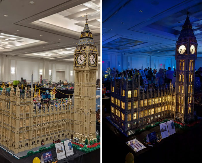 Detailed LEGO model of Big Ben displayed in a brightly lit room, showcasing cool LEGO builds.