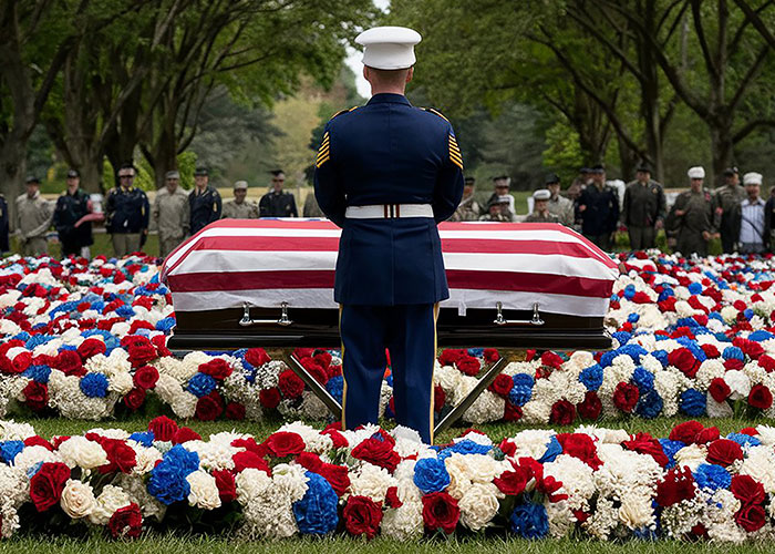 A solemn military funeral with a casket draped in the American flag, surrounded by colorful flowers, reflecting dark family secrets.