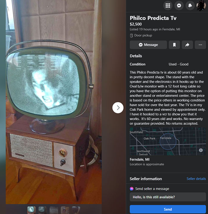 Vintage Philco Predicta TV displaying a spooky face, showcased online for sale.