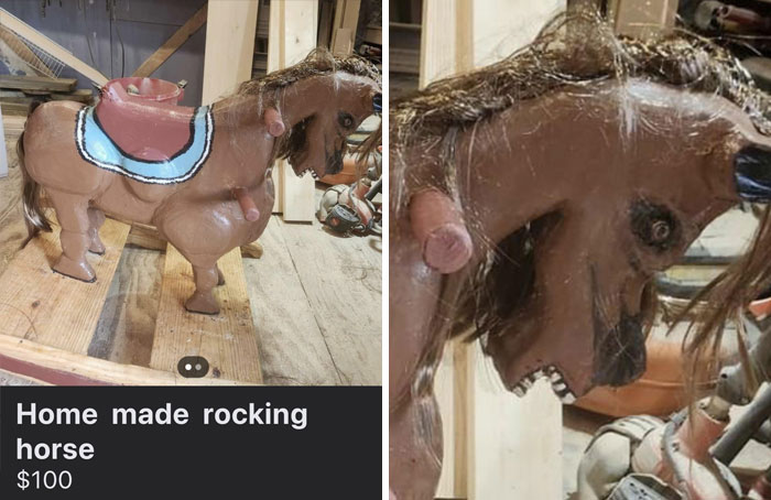 Homemade rocking horse with unusual design, creepy things for sale online.