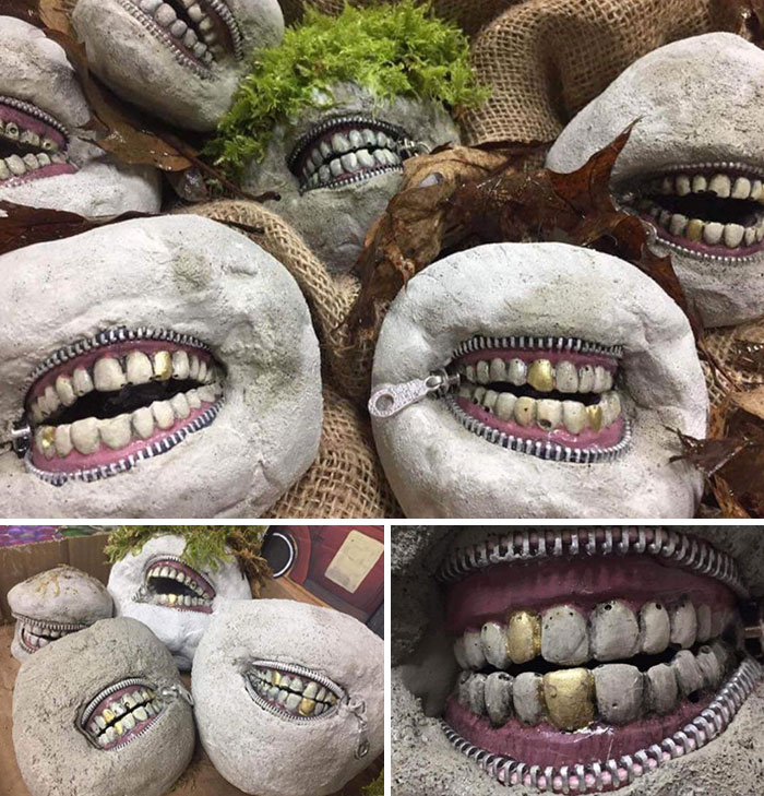 Creepy things with mouths designed as zippers, resembling bizarre sculptures for online sale.