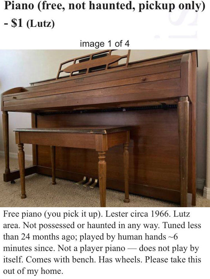 Vintage piano listed online, described humorously as not haunted, available for pickup.