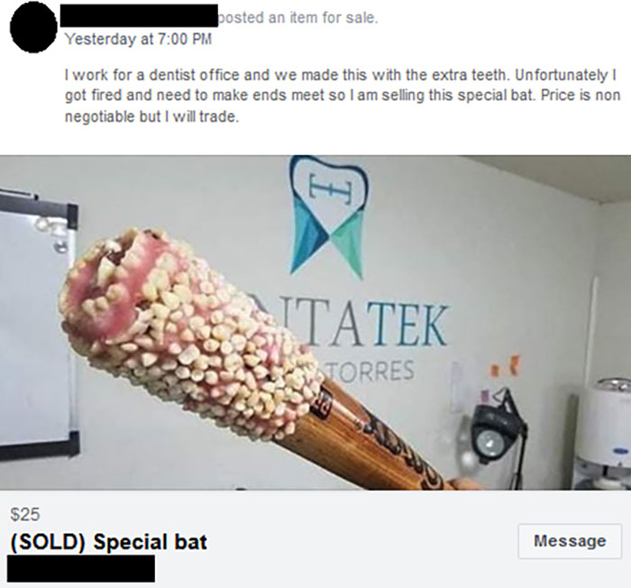 Unique bat covered in artificial teeth for sale at a dentist office.