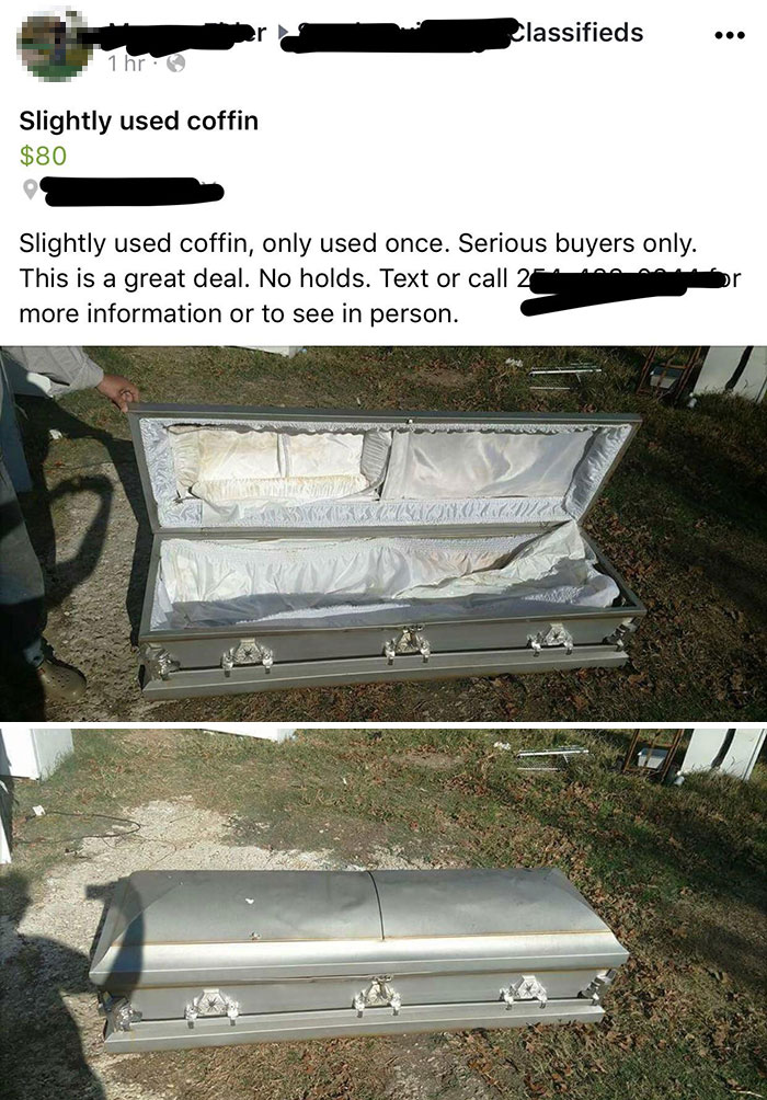 Slightly used coffin for sale online, lined with satin, shown open and closed, advertised on a classifieds site.