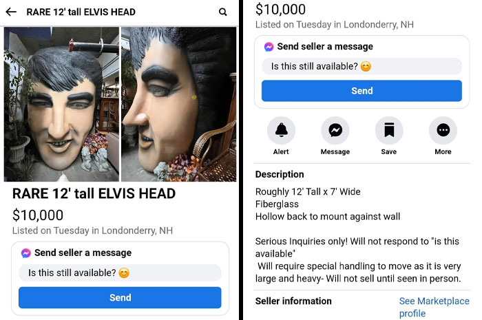 Rare 12-foot Elvis head for sale online, priced at $10,000, made from fiberglass, listed in Londonderry, NH.