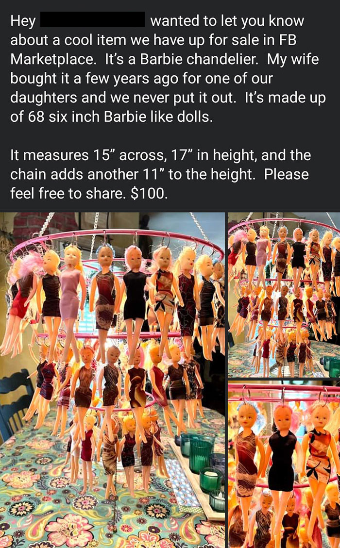 Barbie chandelier made of dolls, a unique item for sale online.