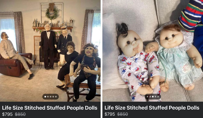 Creepy things for sale: life-size stitched stuffed people dolls displayed in a living room and on a couch.