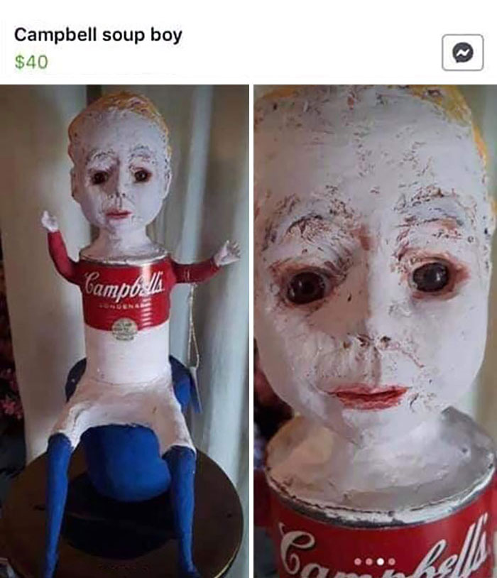 Campbell soup boy doll for sale online, labeled as one of the creepy things sold on the internet.