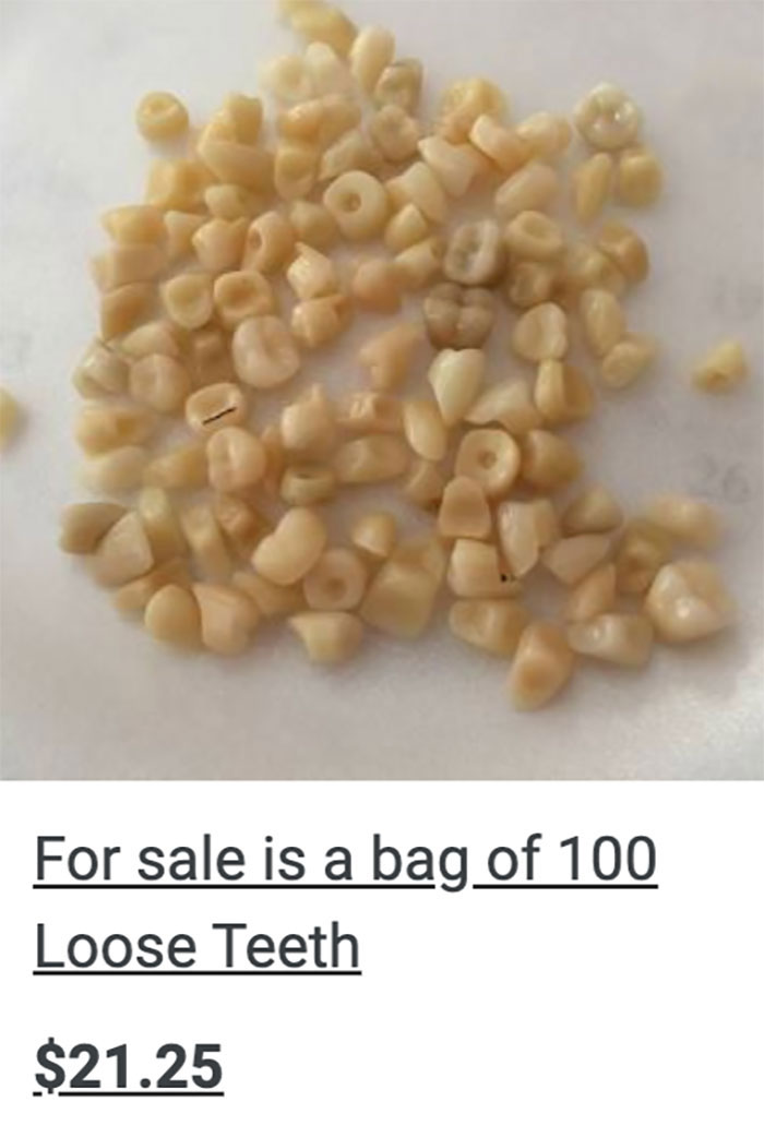 Bag of loose teeth on sale, listed for purchase online.