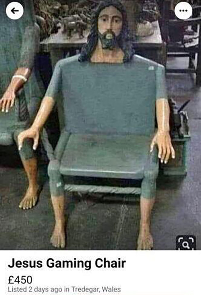 Creepy gaming chair shaped like a seated figure for sale online.