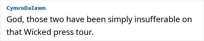 "Comment criticizing two individuals on Wicked press tour, related to Cynthia Erivo controversy over drama school treatment.