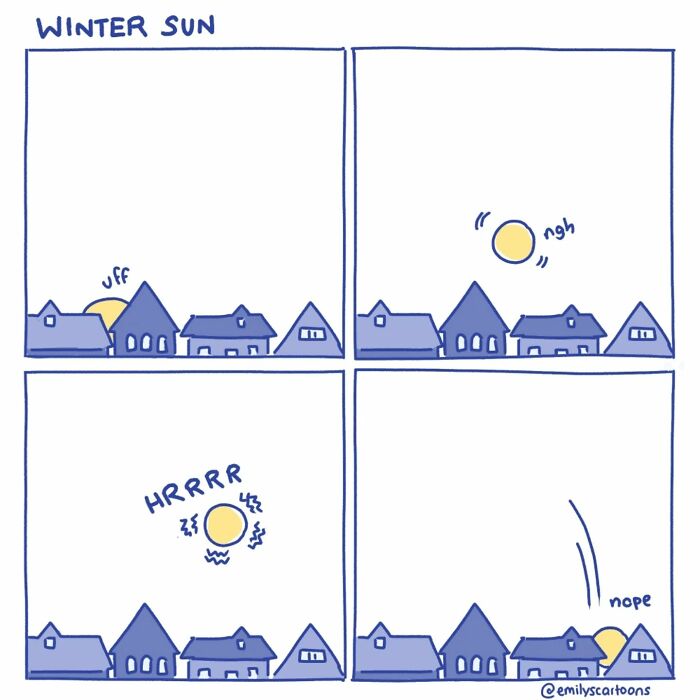 Comic strip by Emily McGovern illustrates the winter sun struggling to rise above rooftops, then setting, humorously.