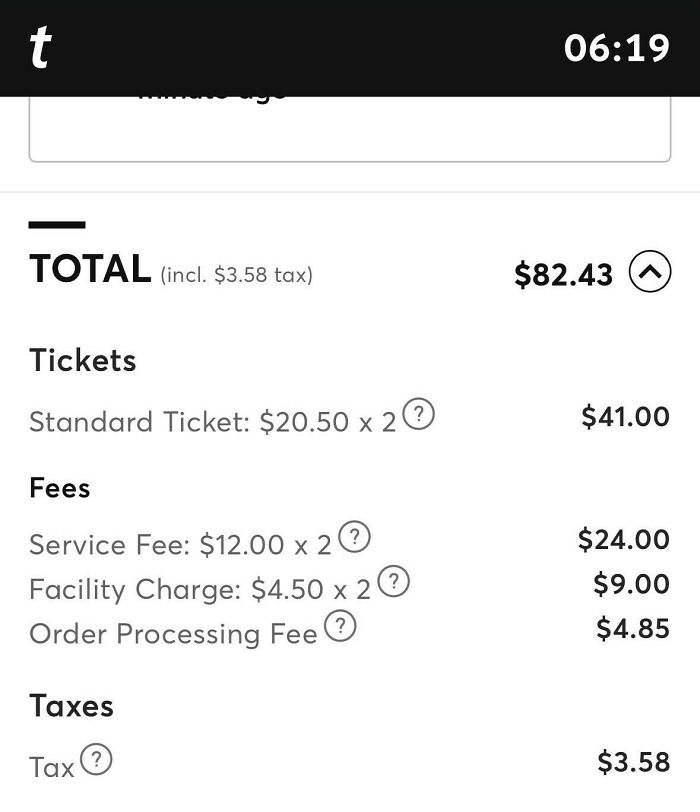 Ticket purchase breakdown with various fees highlighting biggest scam in human history concept.