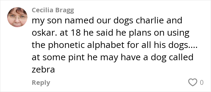 Cecilia Bragg's comment about naming dogs using the phonetic alphabet.