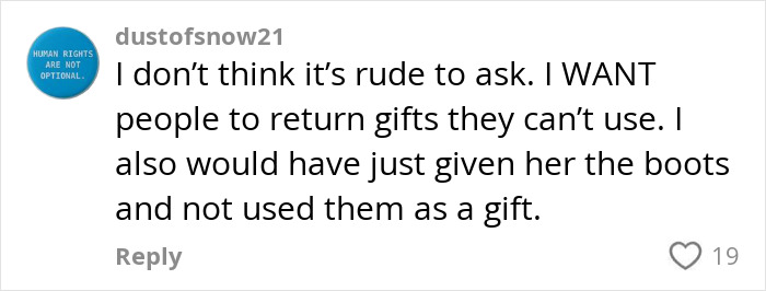 Comment on gifting second-hand boots, discussing returning gifts and their appropriateness.