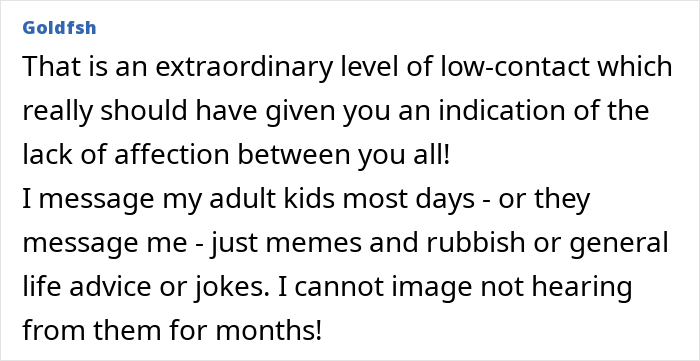 Message about low-contact issues with children living abroad, sharing memes and jokes, highlighting lack of affection.