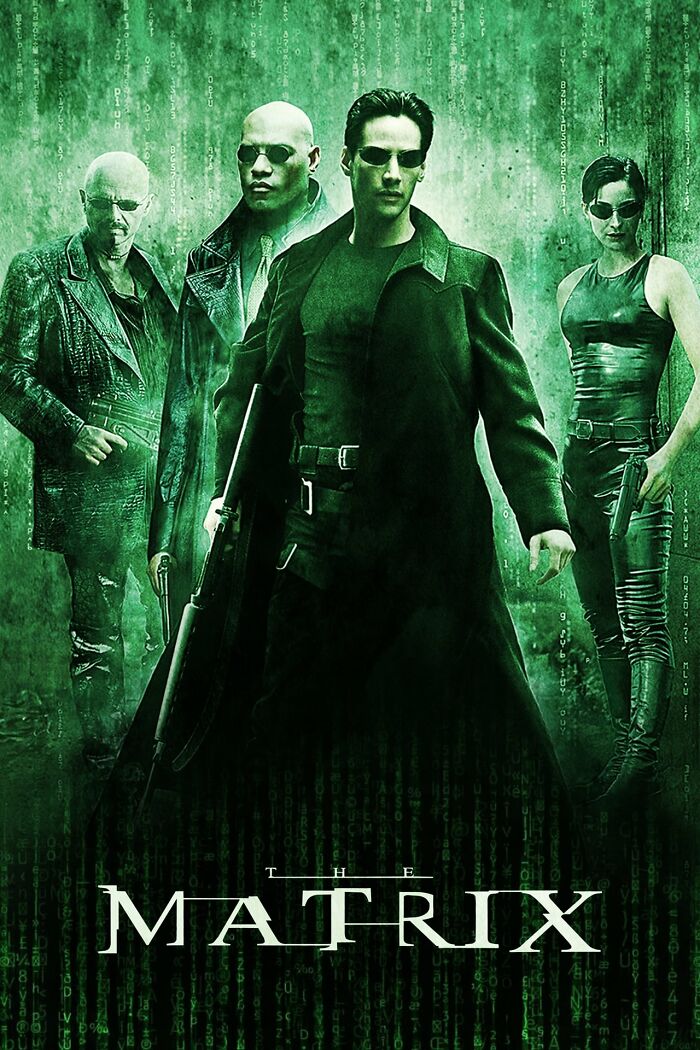 Four characters from The Matrix, a best nostalgia movie, in a green digital backdrop.