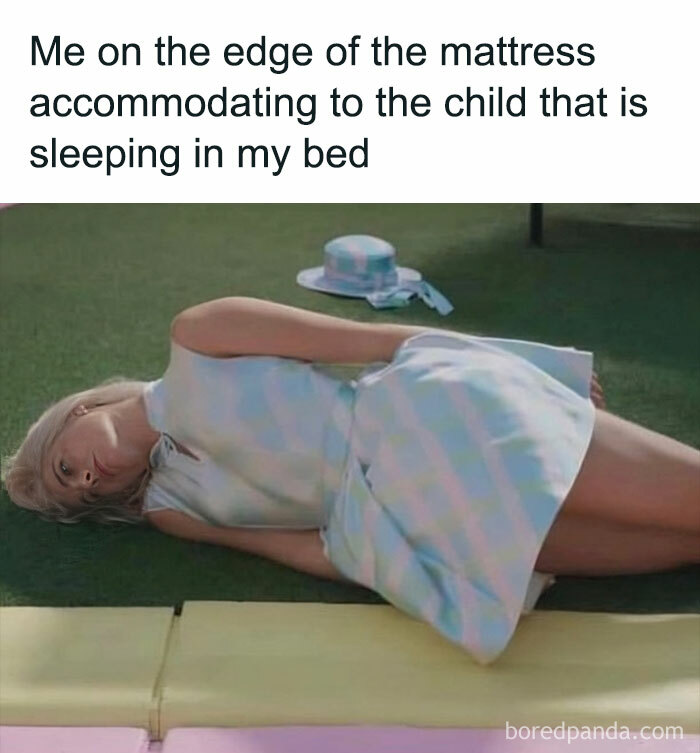 A playful meme depicting dad struggles, showing a woman lying on the mattress edge.