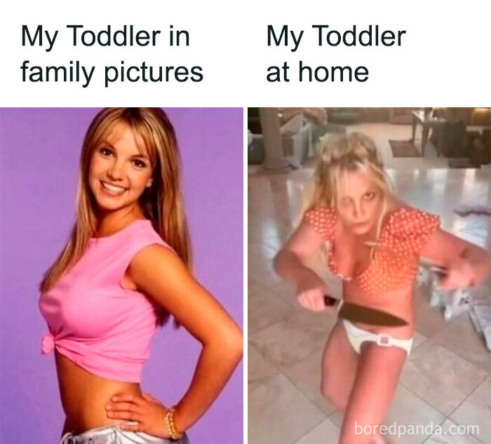 Funny meme comparing a toddler's calm family photo behavior with their chaotic energy at home.