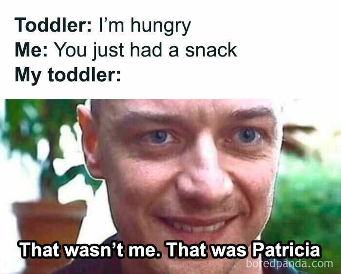 Funny meme of dad's daily struggles: toddler claims innocence with a cheeky expression, referencing another persona.