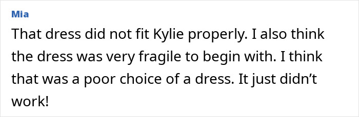 A comment discussing Kylie Jenner's Golden Globes wardrobe malfunction with a fragile, ripped vintage dress.