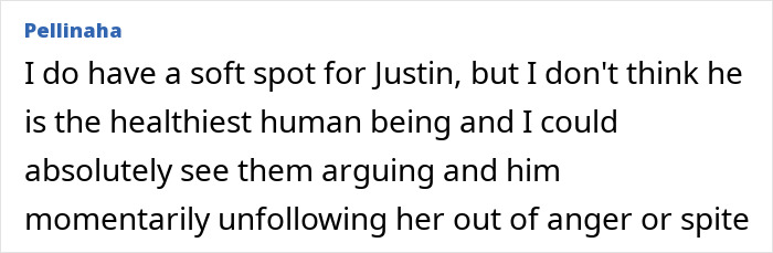 Comment discussing Hailey Bieber and Justin Bieber's relationship and unfollowing incident.