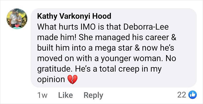 A Facebook comment mentioning Deborra-Lee, Hugh, and a younger woman, expressing disappointment with heart emoji.