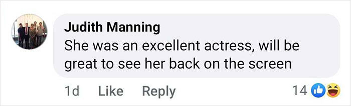 Facebook comment praising Deborra-Lee Furness as an excellent actress, expressing excitement for her screen return.