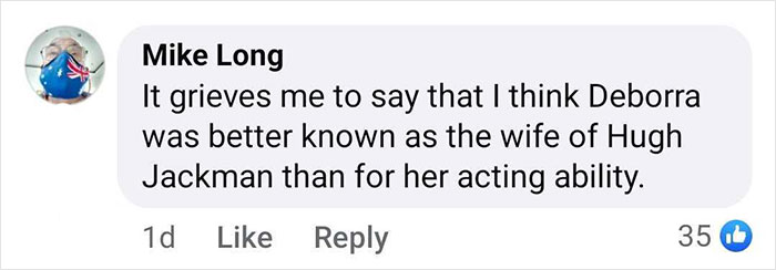 "Comment about Deborra-Lee Furness and her recognition related to Hugh Jackman, posted by Mike Long.