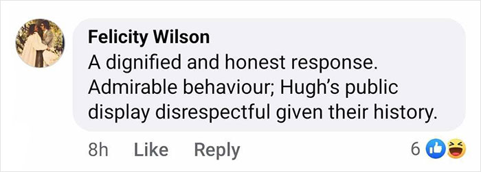 Facebook comment discussing Deborra-Lee Furness's response to recent Hugh Jackman photos.