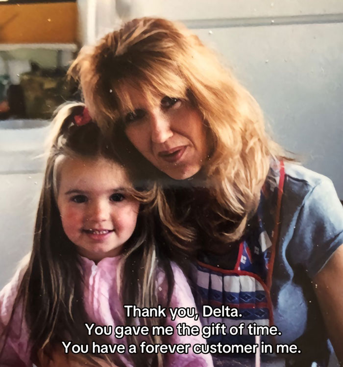 Woman smiling with a young girl, expressing gratitude to airline for helping reach terminally ill mother.