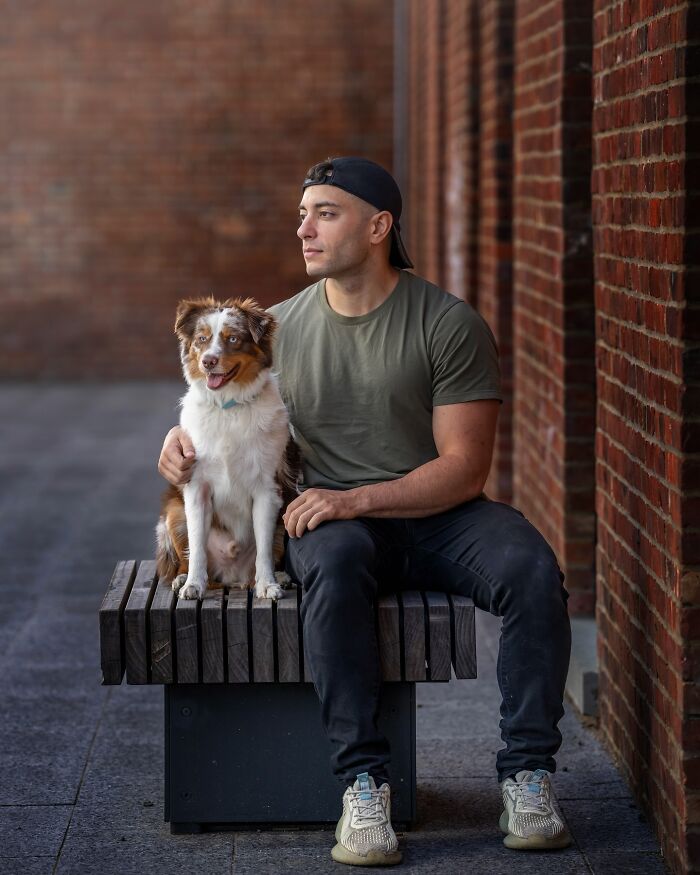 Man sitting with an NYC dog on a bench near a brick wall.