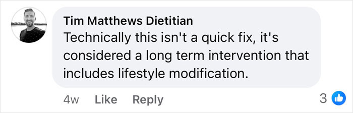 Comment about Ozempic usage as a long-term intervention with lifestyle changes by Tim Matthews Dietitian on Facebook.