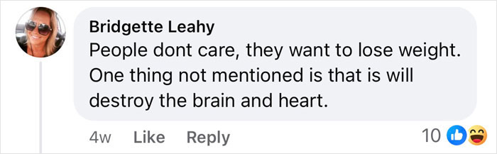 Comment discussing weight loss and health risks related to Ozempic's popularity.