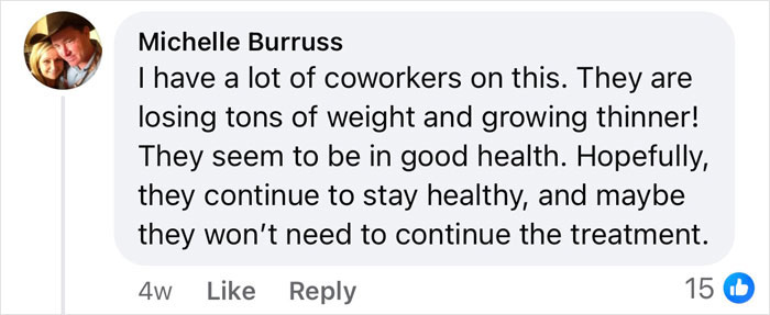 Comment discussing coworkers using Ozempic, noting weight loss and health improvements, in a social media exchange.