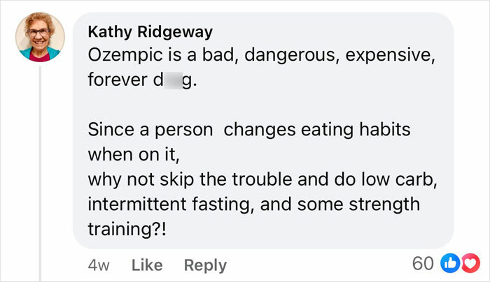 Comment on Ozempic suggests alternative diet and exercise solutions.