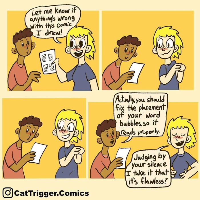 A comic by Cat Trigger with characters discussing and critiquing comic art, leading to a humorous misunderstanding.