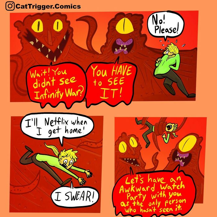 Comic by Cat Trigger with monsters pressuring a person to watch a movie, creating a hilariously twisted scenario.