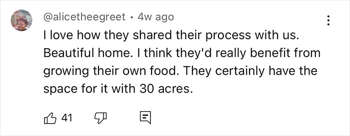 Comment praising couple's off-grid yurt lifestyle, suggesting they grow their own food on 30 acres.